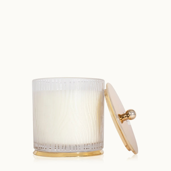 Thymes Frasier Fir Large Frosted Wood Grain Candle glass and gold lid