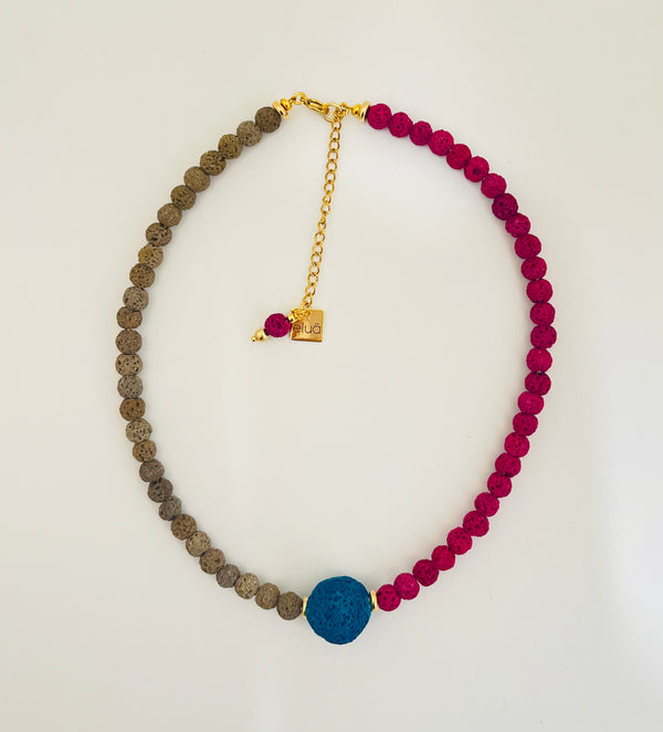 Round Pink Grey and Blue Volcanica Necklace