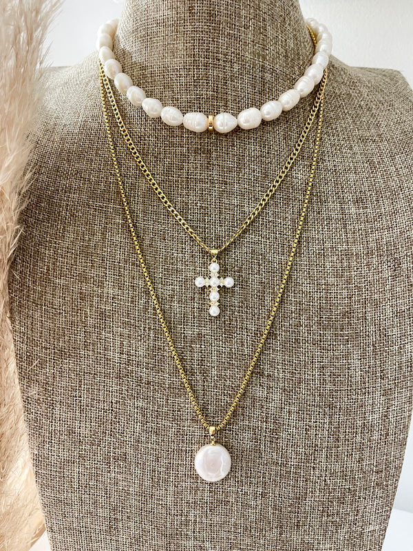White Pearl Cross Pendant Necklace